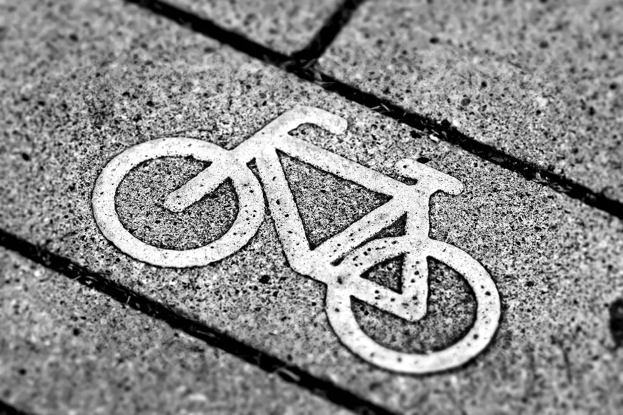 Pictogramme de vélo peint au sol sur une piste cyclable pavée